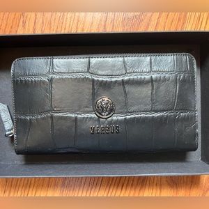 Versus Versace Croco Embossed Leather Accordion-Style Zip Around Wallet